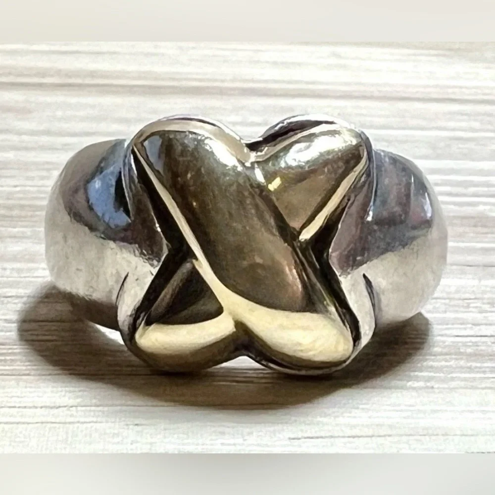 Vintage Designer Hallmarked 950 Silver & 18K Gold Puffy X Band Ring, Size 7